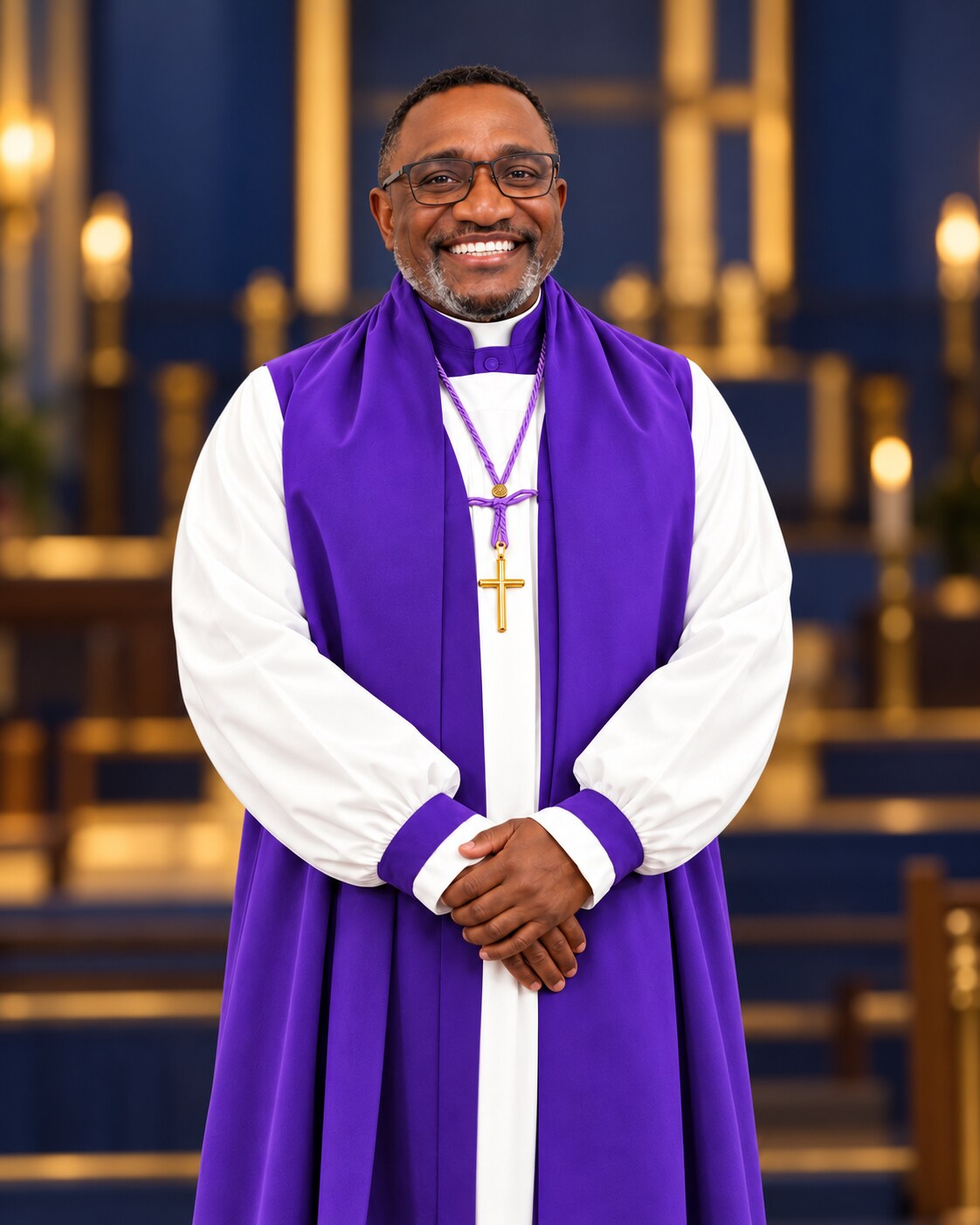Ordained Bishop Dr. Mishael Carson wearing purple and white clergy vestments