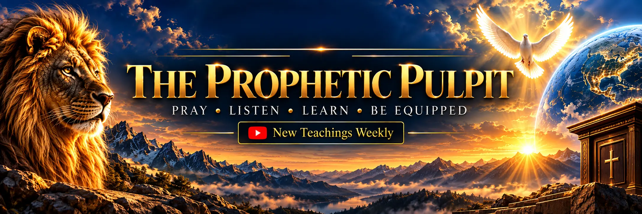 The Prophetic Pulpit banner: lion, dove, globe, pulpit, and the words Pray, Listen, Learn, Be Equipped — New Teachings Weekly